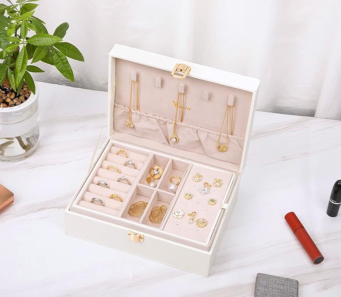 Voova Jewelry Box Organizer for Women Girls, 2 Layer Large Men Jewelry Storage Case, PU Leather Display Jewellery Holder with Removable Tray for Necklace Earrings Rings Bracelets, Vintage Gift, White