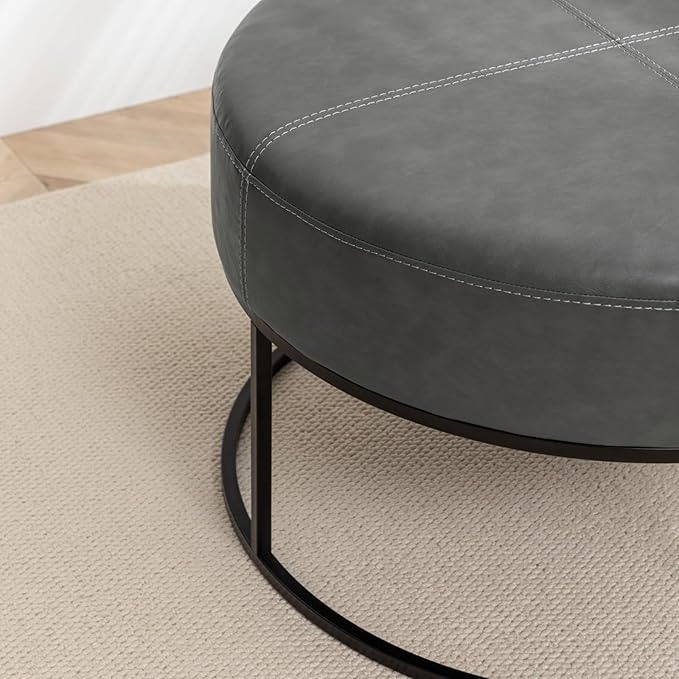 BALLIAA Modern Round Coffee Table, Farmhouse Ottoman for Living Room, Large Vintage Leather Coffee Tables with Leather Upholstered Padded Seat [Round, Vintage Gray, 30'']