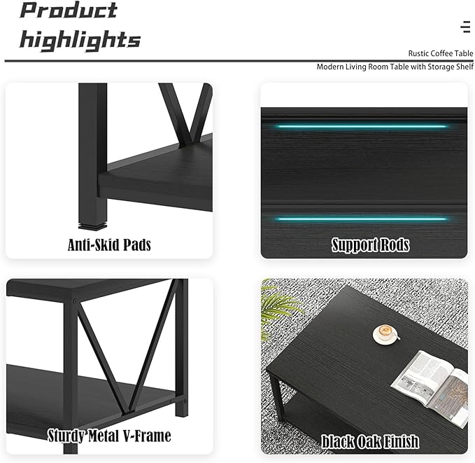 EXCEFUR Small Coffee Table, Modern Living Room Tables with Storage Shelf, Rustic Wood Rectangle Center Table, 2 Tier Wooden Low Cocktail Tea Table for Small Spaces, 39.3 Inch Black Oak