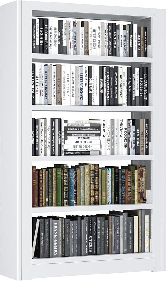 69" Bookshelf,5-Tier Bookshelf, Large Bookcases and Bookshelves,Taller and Wider Metal Storage Organizer, Sturdy Bookshelf for Living Room,Home Library (White)