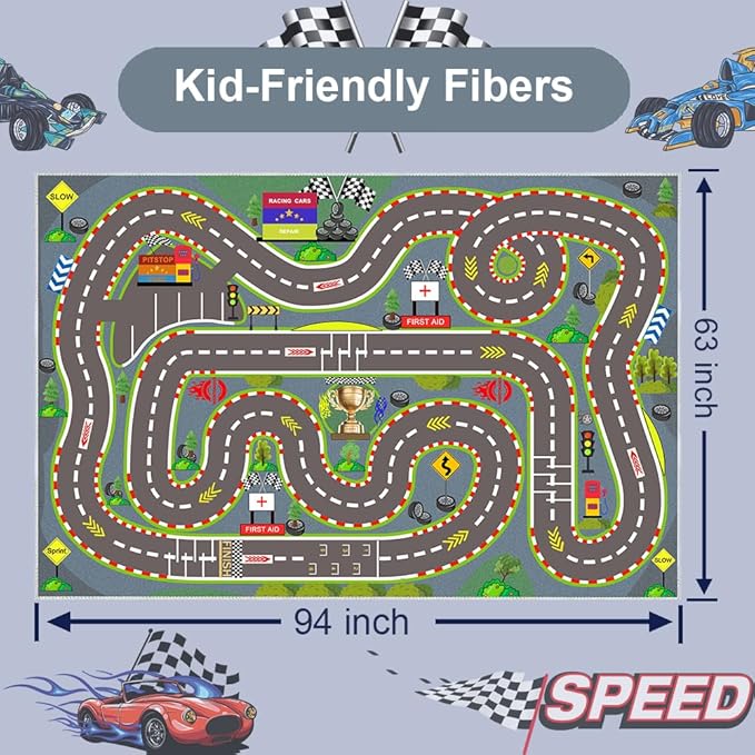Kids Rug, Race Track Playmat Rugs 94×63 in Kids Carpet with Rubber Backing, Start and Finish line Racing Track Marking Car Road Race 3D Play Mat Nursery Rugs for Children Bedroom Playroom