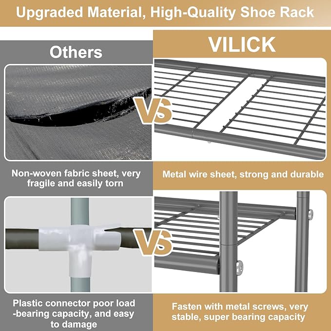 3 Tier Shoe Rack 33" Wide Metal Shoe Organizer Long Shoe Storage with 4 Side Hooks Sturdy Shoes Shelf for Front Door Entrance, Closet, Garage, Dorm, Grey