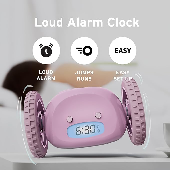 CLOCKY Extra Loud Alarm Clock for Heavy Sleepers on Wheels Rolls Runs Away Vibrating, Easy To Set Super Smart Snooze Digital Bed Shaker Alarm Clock Funny Gift for Adults Kids Teens Bedrooms (Lavender)