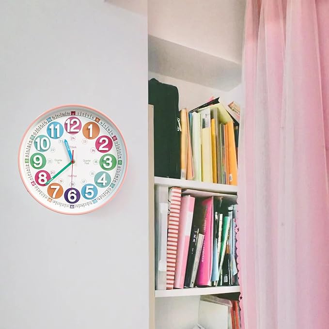 Learning Time Clock for Kids, 12 Inch 3D Peach Pink Classic Silent Wall Clock, Bedroom, Kitchen, Classroom, Decor at School, Clear Digital Clock for Kids Room