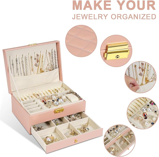 2-Layer Jewelry Box for women, jewelry organizers and storage with Removable Jewelry Tray, vintage quilted top Lockable Jewelry Holder Gift Idea Pink