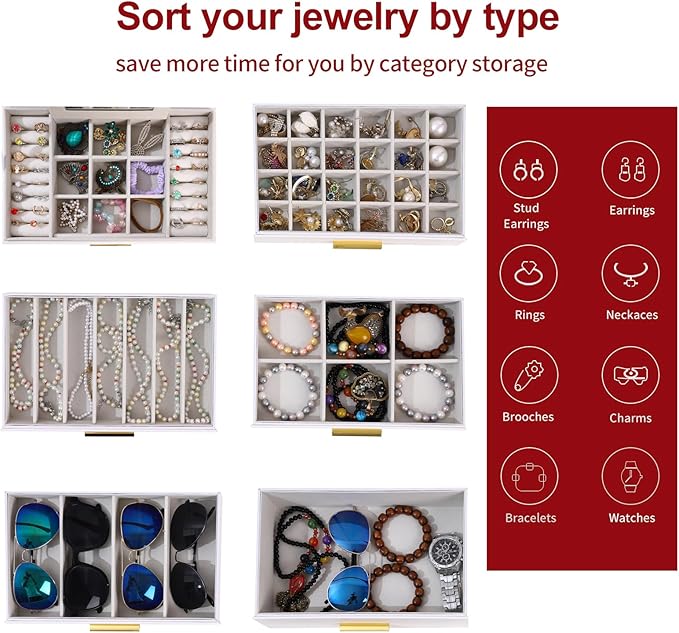 BOOVO Jewelry Box for Women, Black 6 Layer Large Jewelry Organizer with Glass Lid for Necklace, Bracelet, Earrings, Rings Storage, Jewelry Organizers and Storage for Womens Gift (Clear White, 6 layer)