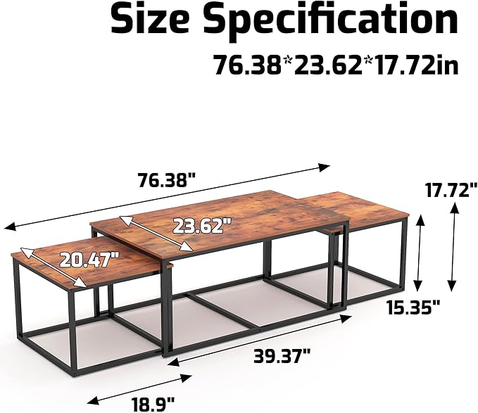 Nesting Coffee Tables,3 Piece Living Room Coffee Table,Industrial Rectangular Coffee Table Set,End Table Side Tables for Living Room Bedroom