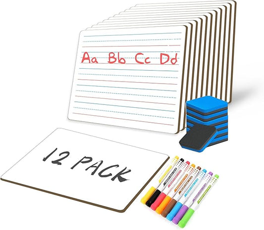 White Board Dry Erase Boards Classroom Pack Mini White Boards 9" x12” Double Sided Personal Whiteboards for Students Teachers School Supplies Lapboards (12Pack line whiteboard & Erasers & Pens)
