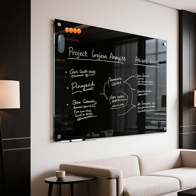 Glass Dry Erase Black Board - Magnetic Blackboard 48"X36" Frameless Whiteboard Clear Glass Boards with Super Strong Magnets, Wall Mounted for Office, Classroom and Home