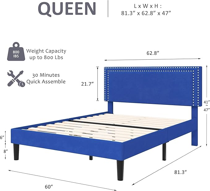 VECELO Queen Size Platform Bed Frame with Height Adjustable Upholstered Headboard, Modern Mattress Foundation,Strong Wood Slat Support, No Box Spring Needed, Easy Assembly