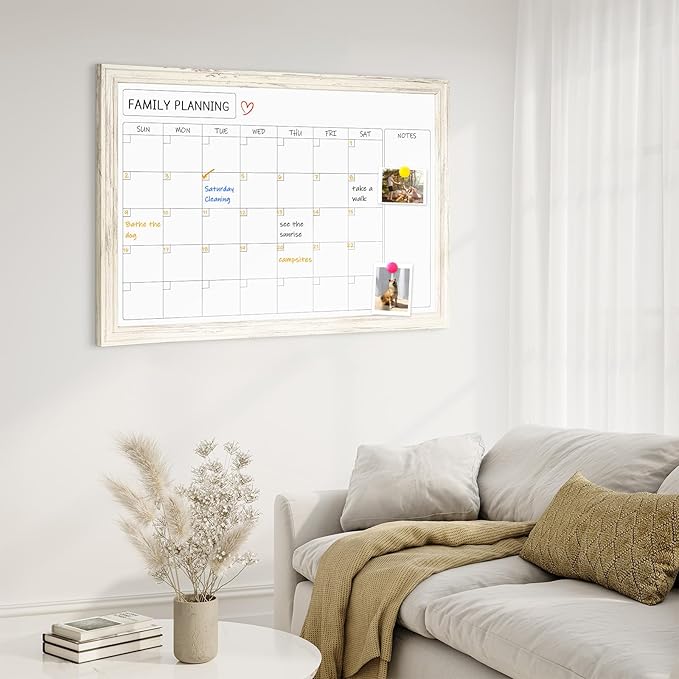 4 THOUGHT Whiteboard Calendar 24" x 18" Magnetic Dry Erase Board Wood Frame Wall-Mounted Monthly Planner White Board Decorative Notice Board for Office School Home, White Vintage