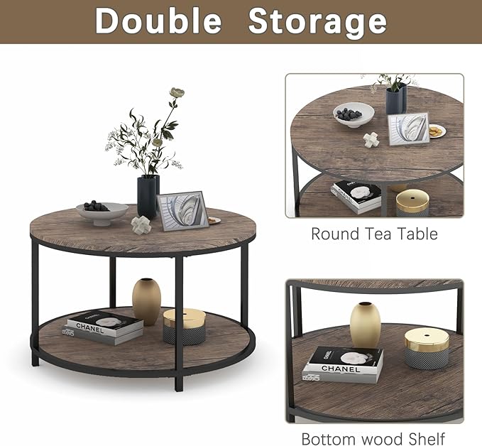 Round Coffee Table, Rustic Wooden Surface Top & Sturdy Metal Legs Industrial Sofa Table for Living Room Modern Design Home Furniture with Storage Open Shelf (Walnut, 25.6 in)