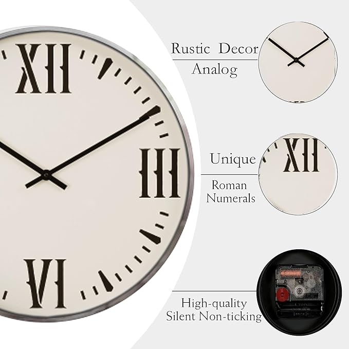 20 Inch Retro Decorative Wall Clocks, Silent Non-Ticking Battery Operated White Vintage Clock with Large Numbers, Easy to Read Kitchen Living Room, Bathroom and Office,Beige