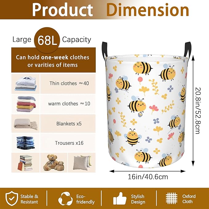 Flying Bees and Flower Laundry Basket,Waterproof Foldable Laundry Hamper,Dirty Clothes Laundry Basket, Linen Bin Storage Organizer for Toy Collection 16" x 20"