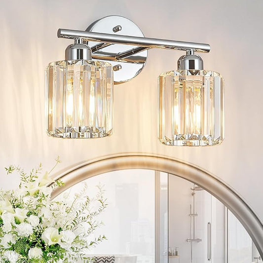 Modern 2 Light Crystal Vanity Light, Chrome Vertical Bathroom Light Fixture Over Mirror for Dressing Table Sink, Compatible with Dimmable Bulbs (Bulbs Not Included)