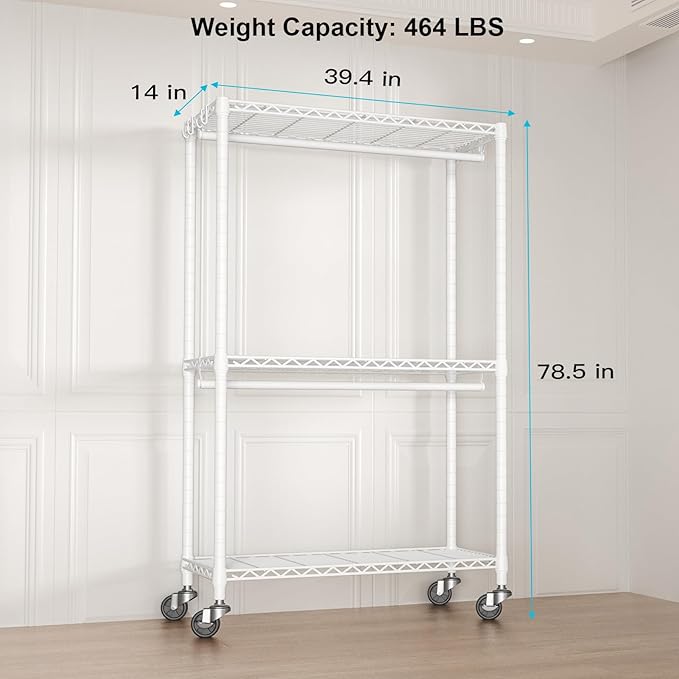 FUTASSI P3 Rolling Clothes Rack, Clothing Racks for Hanging Clothes, Heavy Duty Garment Rack with Wheels, Freestanding Portable Closet Organizer 39.4''W x 14''D x 78.5''H, Max Load 464 LBS, White
