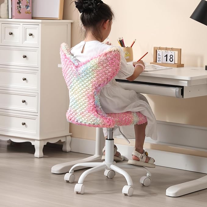 Fuzzy Desk Chair, Cute Swivel Children Desk Chair with Wheels for Kids Bedroom Upholstered Rolling Study Chair Adjustable Computer Chair Mermaid Back Vanity Chair for Teen Girls Boys, Red Colorful