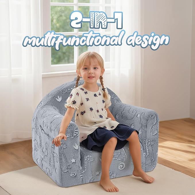 MeMoreCool Folding Toddler Chair, Comfy Plush Fold Out Kids Couch Sofa, Convertible Kid Sofa Bed, Flip Out Baby Recliner Foldable Children Sofa for Toddlers 1-4 Girls Boys, Dinosaur