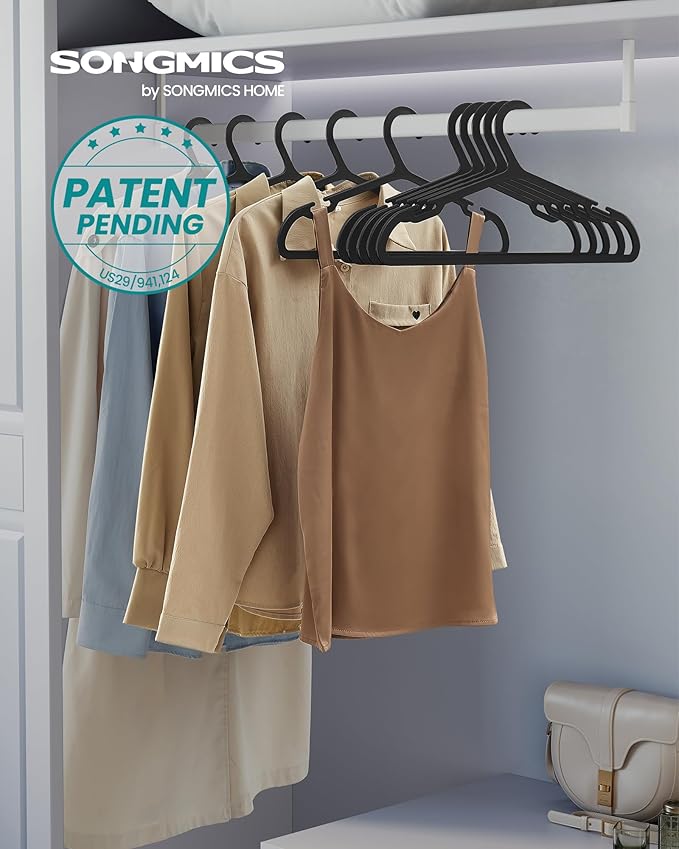 SONGMICS Clothes Hangers, Pack of 50, Plastic Hangers, with Wide Shoulder Notches, Space-Saving Coat Hangers, 16.4 Inches Wide, for Closet, Ink Black UCRP010B01