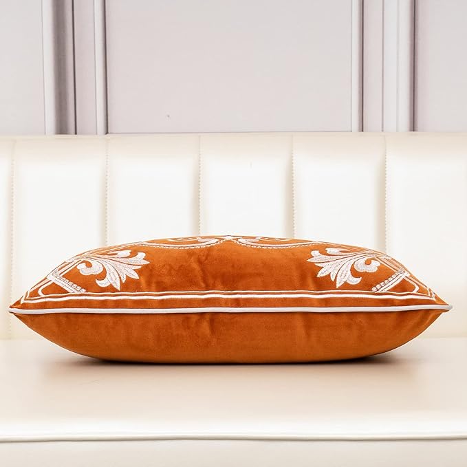 Aeckself European Luxury Velvet Lumbar Throw Pillow Cover 12 x 20 Inch, Embroidery Floral Pillow Cover Home Decor Oblong Pillowcase for Couch Bedroom Living Room, Burnt Orange and White