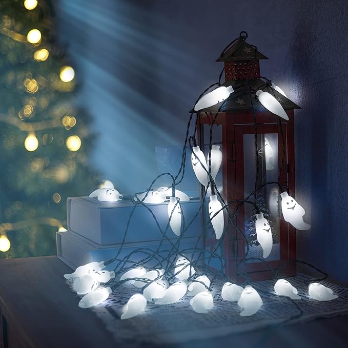 YOUNGAR Solar Halloween Ghost String Lights,2PACK 20ft 30 LED with 8 Modes Waterproof Solar String Lights,Outdoor Fairy Lights for Patio,Garden,Gate,Yard,Halloween Christmas(2Pack,Ghost)