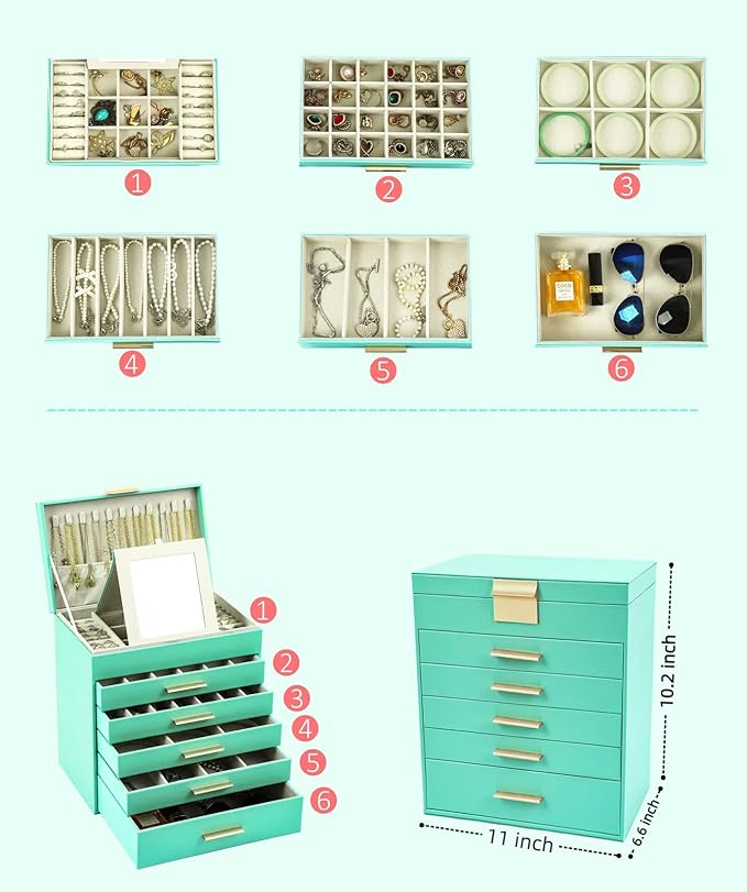 BOOVO Jewelry Box with Necklace Hanger – 6 layer Jewelry Organizer for Women with 5 Drawers, Large Jewelry Storage Boxes –Jewelry Organizers and Storage for Earrings, Necklaces (Turquoise, 6 layer)