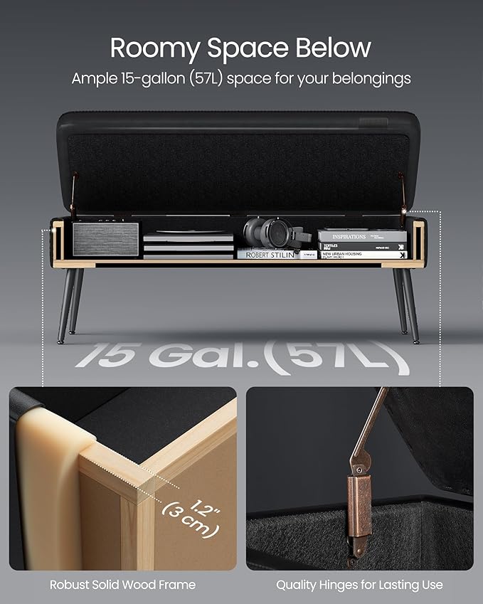 VASAGLE EKHO Collection - Storage Ottoman Bench, Entryway Bedroom Bench, 15 Gallons, Synthetic Leather with Stitching, Mid-Century Modern, Safety Hinges, Loads 660 lb, Ink Black ULOM074B01