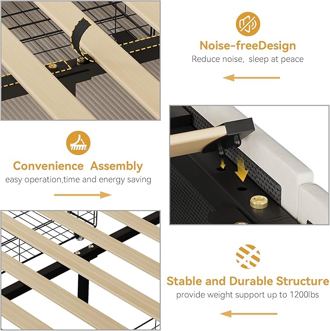 King LED Bed Frame with Storage Headboard & Charging Station, Velvet Fabric Platform Bed Frames with 4 Drawers, Button Tufted Upholstered, No Box Spring Needed, Beige