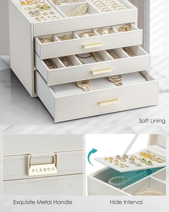 Vlando 4 Layer Large Jewelry Box - Jewelry Holder Organizer, Jewelry Box Organizer for Drawer Necklace Ring Bracelet and Watch, Birthday Gift for Loved Ones - Beige