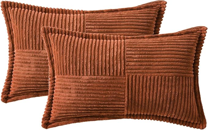 MIULEE Dark Rust Fall Decorative Throw Pillow Covers for Couch Bed Livingroom 16x16 Inch Set of 2 Boho Accent Throw Pllows Broadside Striped Patchwork Soft Corduroy Pillowcases