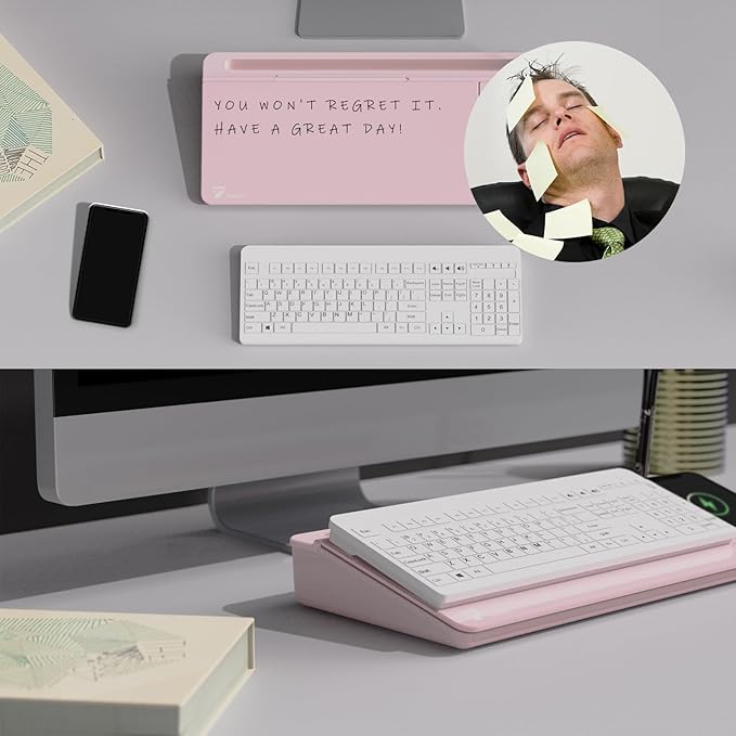 TOWON Desktop Glass Whiteboard with Charger Pad, Small Desk Whiteboard - Glass Dry Erase White Board- Desk Computer Buddy with Storage, Mirror and Charging Station, Pink, 17 x 6 in