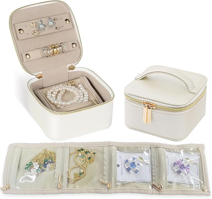 PU Leather Travel Jewelry Organizer Case with 4 Pouches & Handle, Anti-Tangle Storage Box for Necklace, Earrings, Rings, Compact Jewelry Box for Women Gift (Beige)