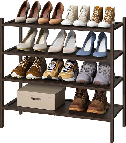 Shoe Rack for Entryway, Bamboo Wood Shoe Rack 4-Tier, Stackable Shoe Organizer for Closet, Free Standing Shoe Racks for Indoor & Outdoor