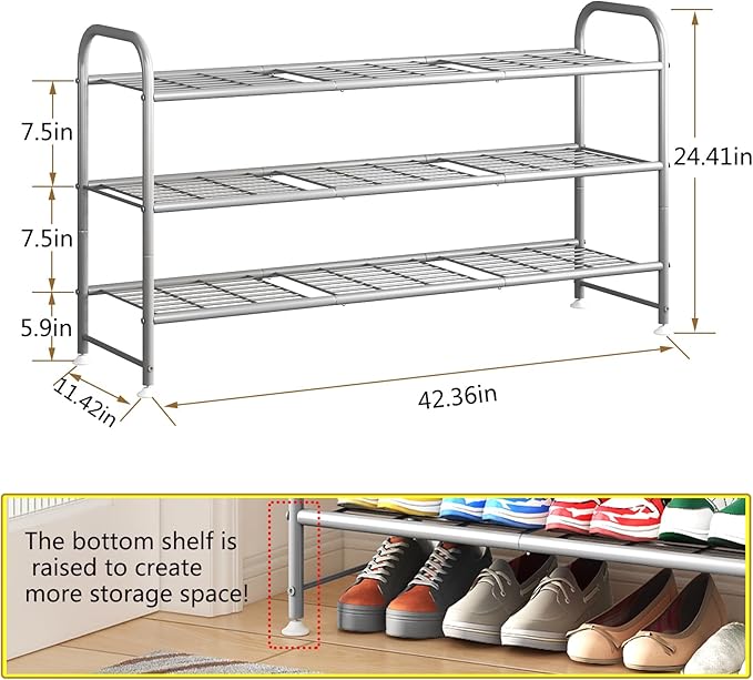 LINZINAR Shoe Rack 3 Tier Long Metal Shoe Organizer for Closet Entryway Grey