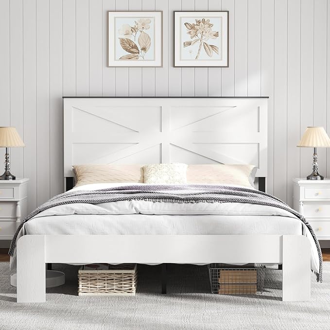 Wooden Bed Frame Queen Size with Headboard, Farmhouse Platform Bedframe with Wood Slat Support, Sturdy Framework Bed Frame, Easy Assembly (Rustic White)