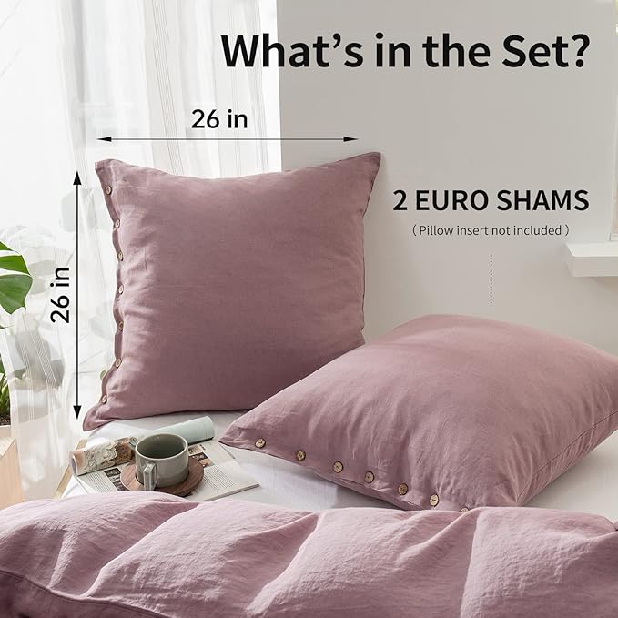 Simple&Opulence 100% Washed Linen Euro Sham Cover, 26 x 26 Inch, Decorative Bed Pillow Cover with Coconut Button, Solid Color Pillow Shams Set of 2 (Purple)