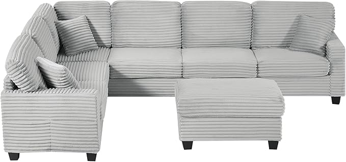 125.2" Sectional Sofa U-Shaped Upholstered Sofa L-Shaped Couch with a Movable Ottoman and Side Storage Pockets for Living Room, Grey