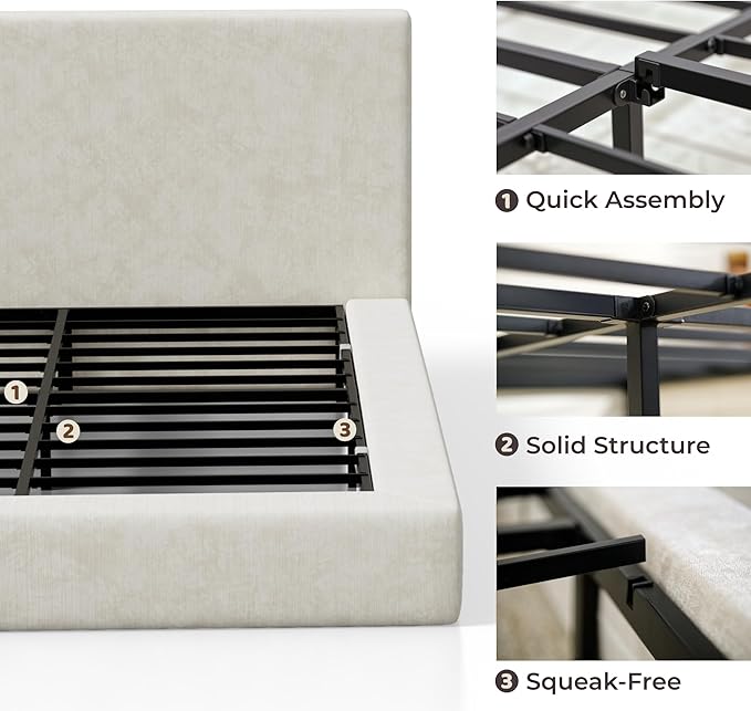 RECCI Cloud Upholstered Full Bed Frame with Headboard, 5 Inch Foam Padded Platform, No Box Spring, Easy Assembly(Cream)