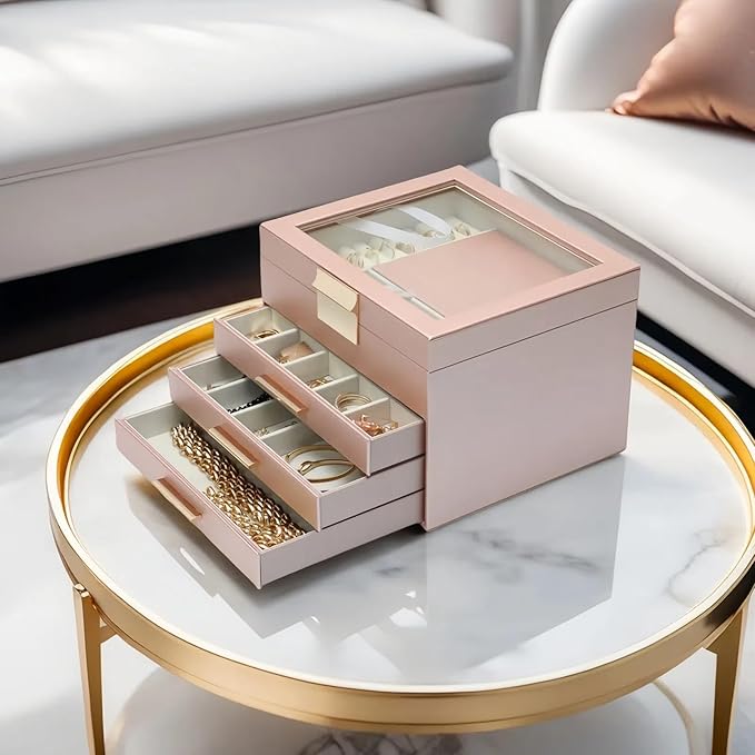 BOOVO Clear Lid Jewelry Box,3 Layers Jewelry Organizer Large Jewelry Storage Box with 2 Drawers,Jewelry Holder Organzier of Rings Earrings Necklace Bracelets for Women (Rose Gold, 4 Layer)