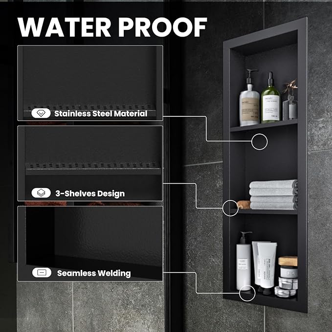 Stainless Steel Shower Niche 12" X 36"，3-Tier Recessed Wall Niche No Tile Needed Shower Shelf for Bathroom Storage (Black, 12 x 36)