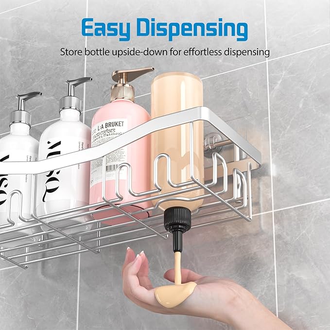 Adhesive Shower Caddy, No Drilling Bath Organizers 5 Pack, Rustproof Shelves with Soap Holder & Toothbrush Holder, Bathroom Organizers and Storage, Silver