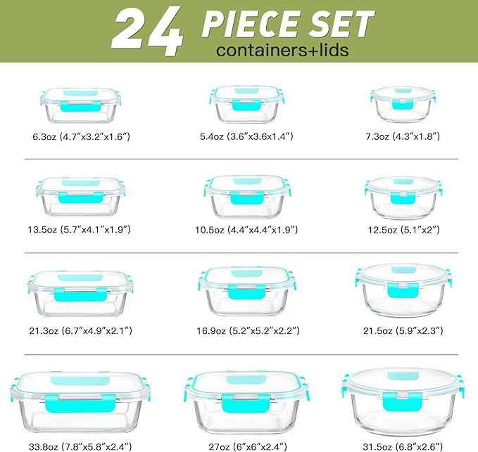 BAYZZ 24 Piece Glass Food Storage Containers with Lids, Airtight Glass Meal Prep Containers for Kitchen, BPA-Free Lunch Box, Microwave and Freezer Safe,Green