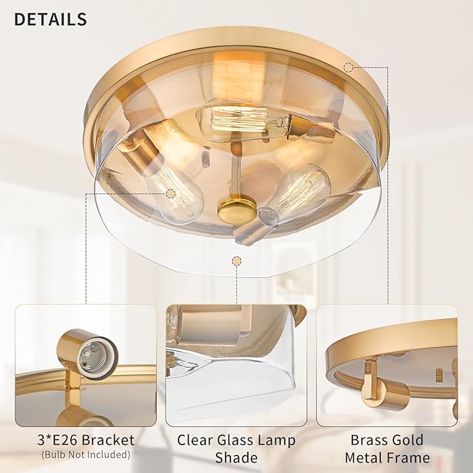 Gold Flush Mount Ceiling Light, 3-Light Hallway Light Fixtures, Modern Farmhouse Farmhouse Ceiling Light Clear Glass Brushed Gold Finish for Kitchen Porch Entryway