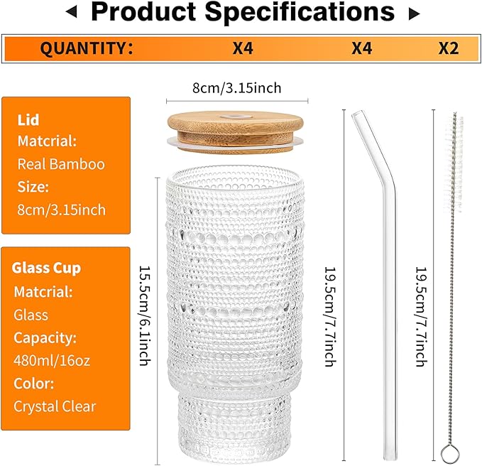 Romantic Highball Drinking Glasses Set of 4, Beaded Glassware, 16oz XL Hobnail Glassware, Vintage Glassware Set, Embossed Vintage Drinking Glasses for Beer, Cocktail, Soda (4PCS-16oz with lid)