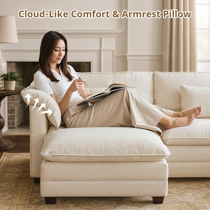 COMHOMA 86" Sectional Sofa,Comfy Cloud Modular Couch with Throw Pillows,Modern Chenille Deep Seat Sofa Couches for Living Room,Beige