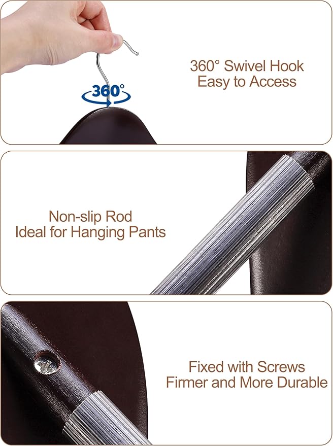 HOUSE DAY Wood Suit Hangers for Men, Wide Shoulder Wooden Hangers with Non Slip Pants Bar, Smooth Retro Finish 360° Swivel Hook Solid Wood Coat Hangers for Heavy Clothes Hanger 6 Pack (Cherry Wood)