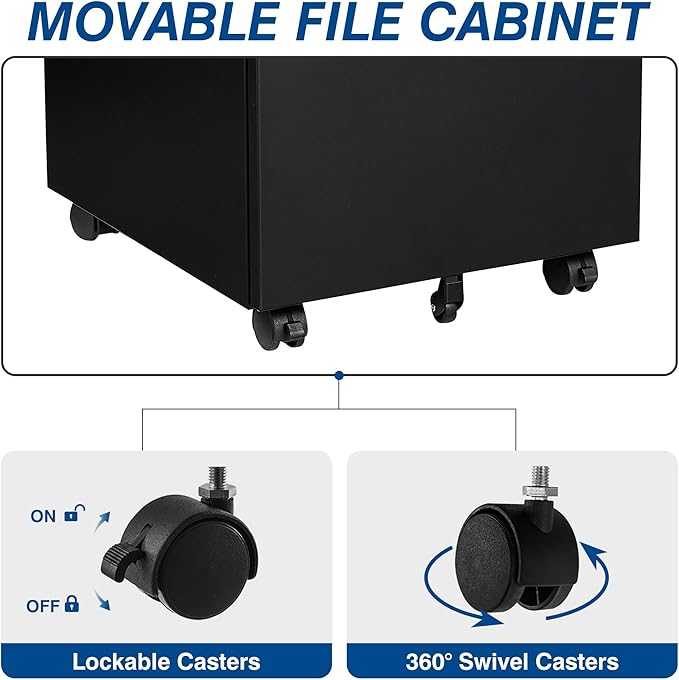 3 Drawer Vertical File Cabinet, Black Mobile Filling Cabinet with Lock for Legal/Letter Size, Pre-Built Office Storage File Cabinet with Wheels Under Desk - Fully Assembled