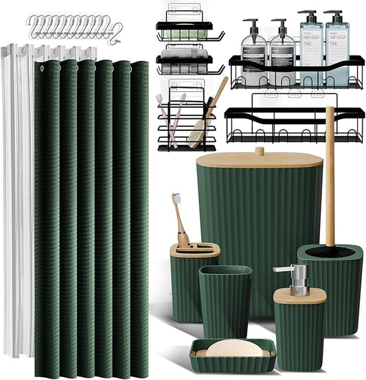 Shower Caddy and Bathroom Accessories Set 25PC Bathroom Accessory Set with Shower Shelf Caddy for Bathroom Storage, Green Shower Curtain Set, Toilet Brush, Trash Can, Soap Dispenser, Toothbrush holder