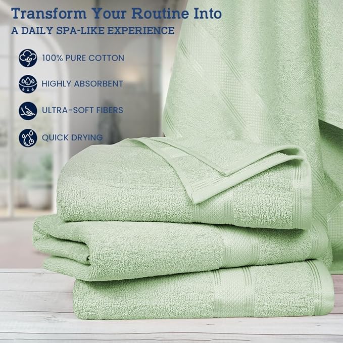 Casa Lino 4 Pack Bath Towels (27x54), 100% Pure Cotton, Luxury Bath Towels, Lightweight & Highly Absorbent, Quick Drying Towels for Bathroom, for Daily Use Bathroom, Light Sage