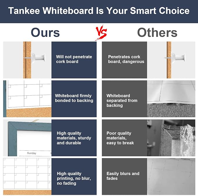 Whiteboard Calendar & Corkboard for Wall, 17x13 Inches Dry Erase Monthly Calendar with Wood Framed, Magnetic White Board Cork Board Combo, Bulletin Board for Home Office Kitchen Memo Planner